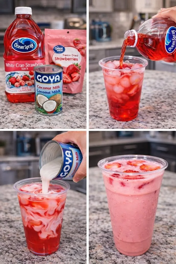 Refreshing Strawberry Coconut drink with vibrant fruit and coconut garnish.