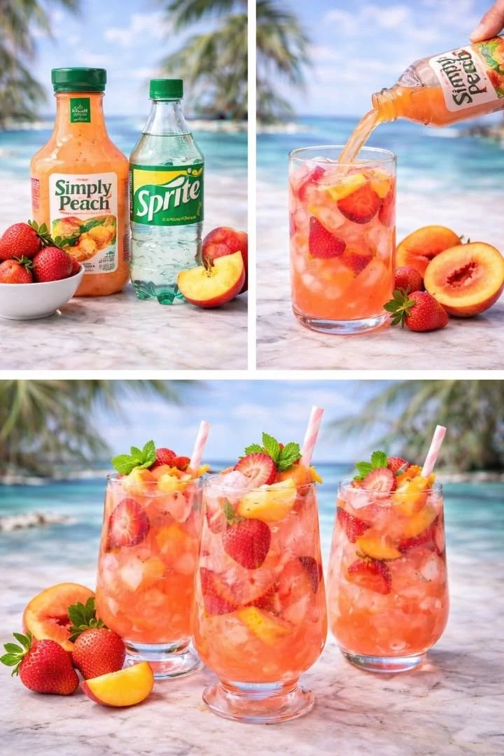 Strawberry Peach Sprite Refresher in a glass with fresh fruits