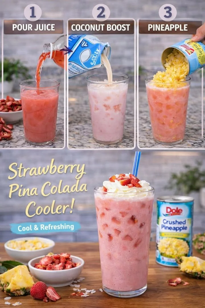 Smooth and refreshing Strawberry Piña Colada Cooler in a tropical setting