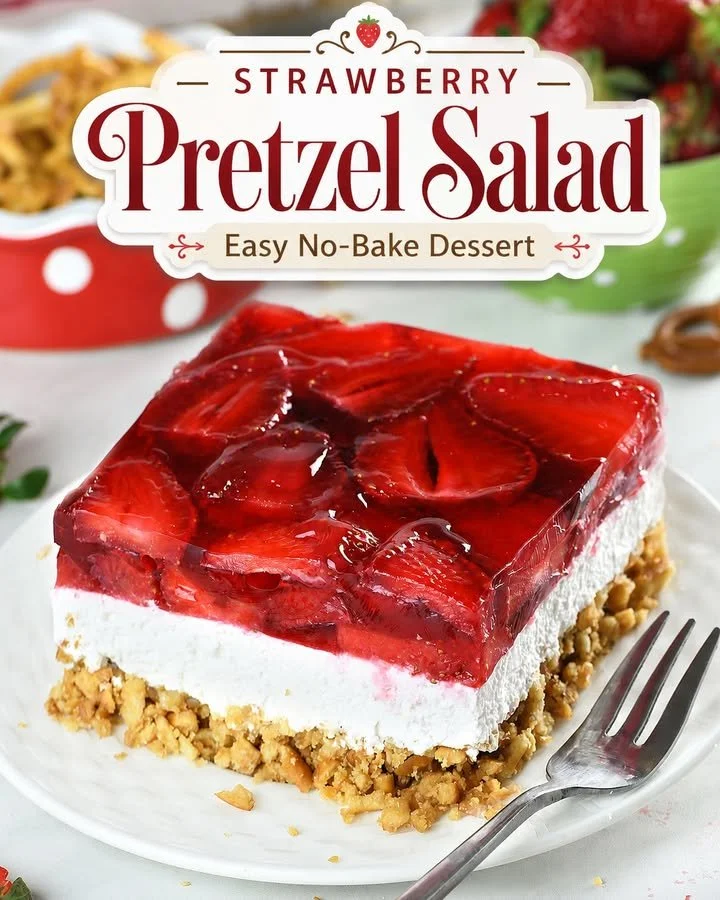Delicious strawberry pretzel salad with layers of strawberries, cream cheese, and pretzel crust