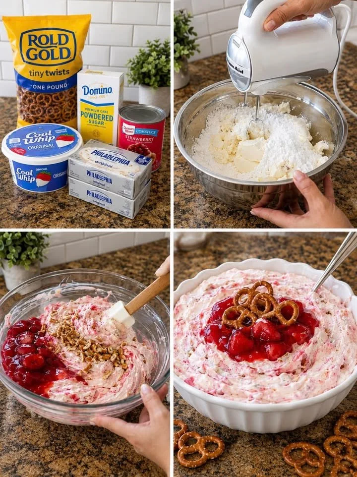 Delicious Strawberry Pretzel Salad Fluff dessert with strawberries and pretzel crust.