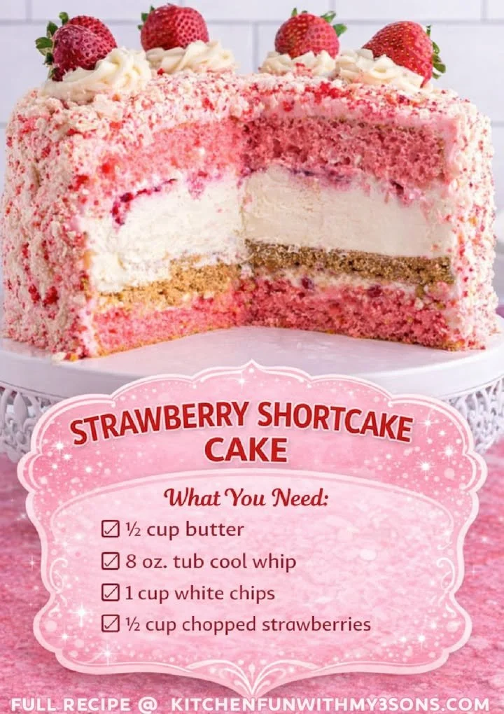 Delicious layered strawberry shortcake cake with fresh strawberries and cream