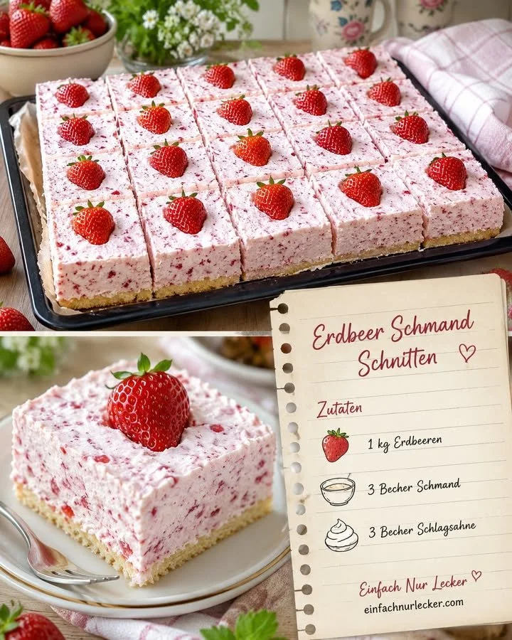 Delicious strawberry sour cream slices on a plate, ready to be enjoyed.