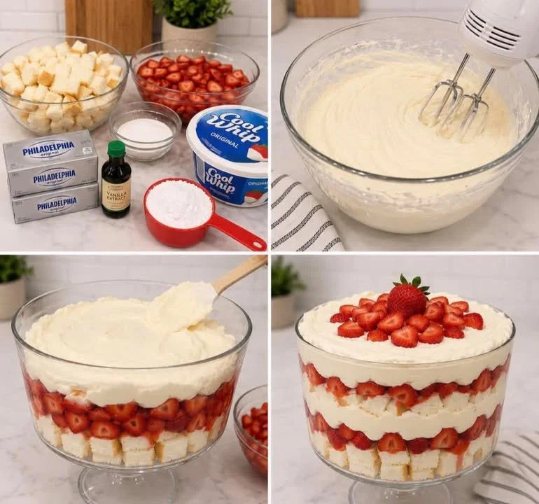 Delicious strawberry trifle layered with strawberries and cream in a glass dish.