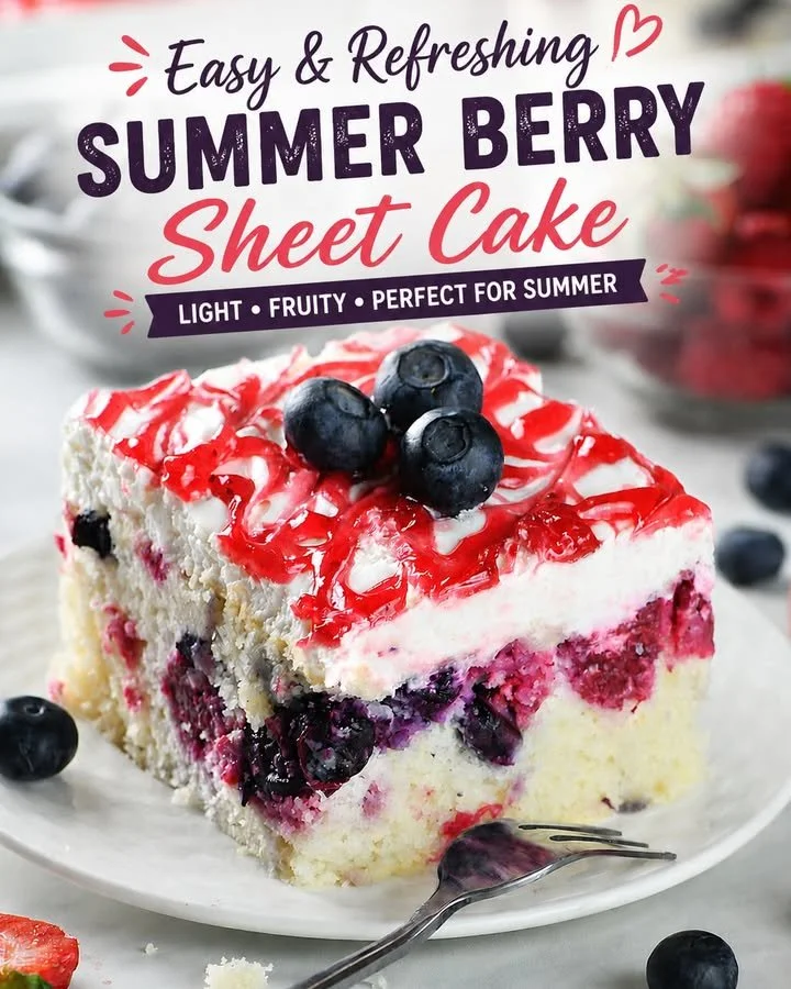 Delicious Summer Berry Sheet Cake topped with fresh strawberries and blueberries.
