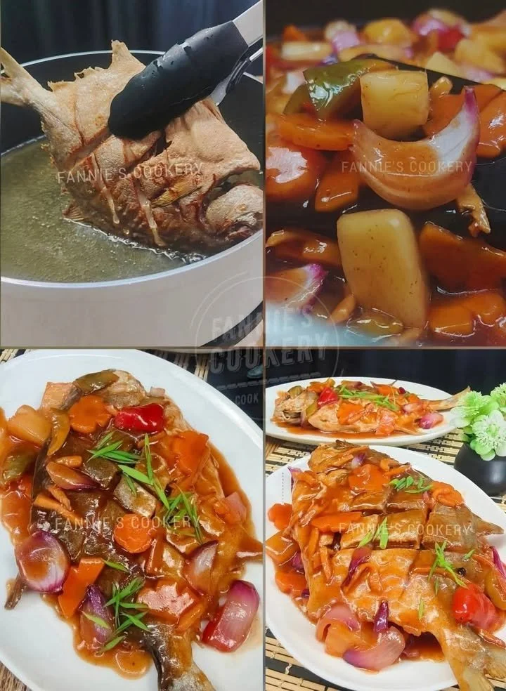 Delicious sweet and sour fish dish garnished with vegetables