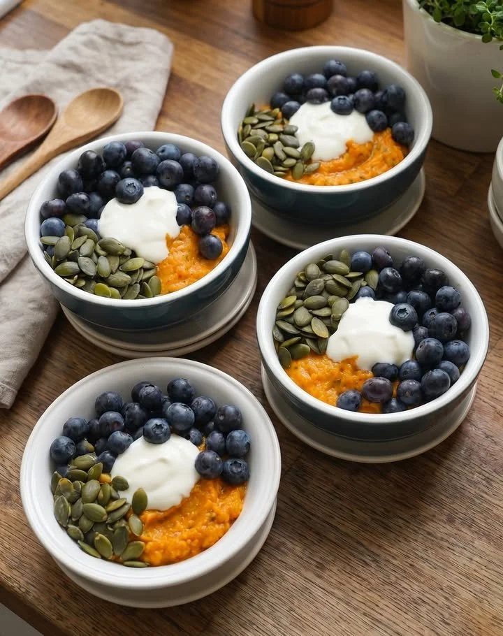 Healthy Sweet Potato Breakfast Bowl topped with nuts and fruits