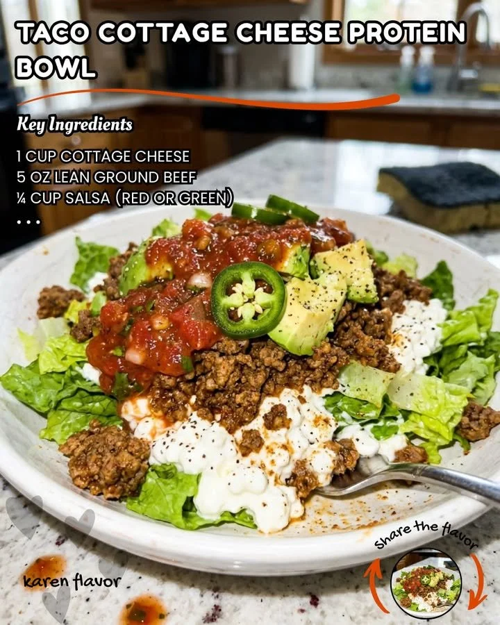 Taco Cottage Cheese Protein Bowl with colorful toppings