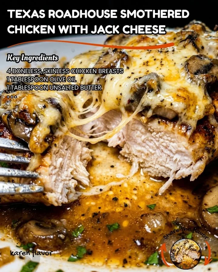 Texas Roadhouse smothered chicken topped with jack cheese served on a plate