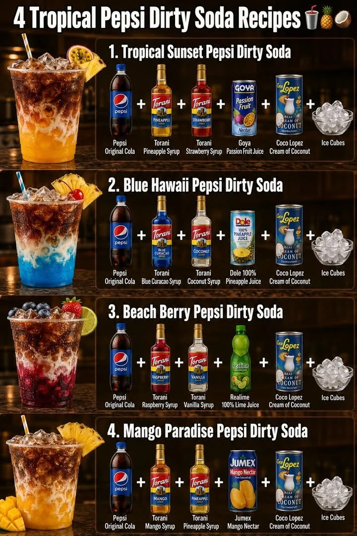Refreshing Tropical Pepsi Dirty Sodas served with tropical garnishes