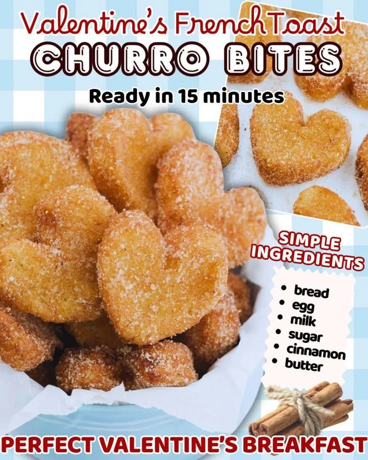 Valentine's Day French toast churro bites dusted with cinnamon sugar