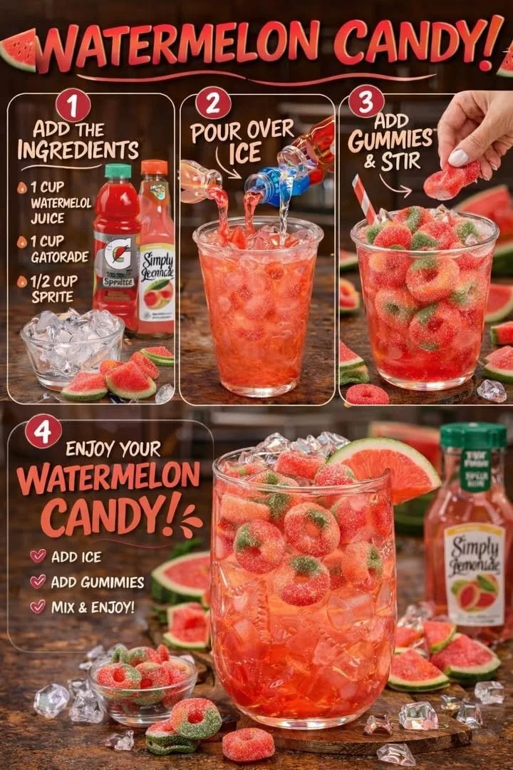 Refreshing Watermelon Candy drink served in a colorful glass with ice.