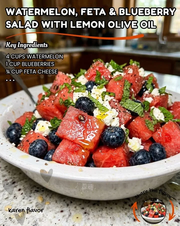 Watermelon Salad with feta cheese and blueberries topped with lemon olive oil dressing