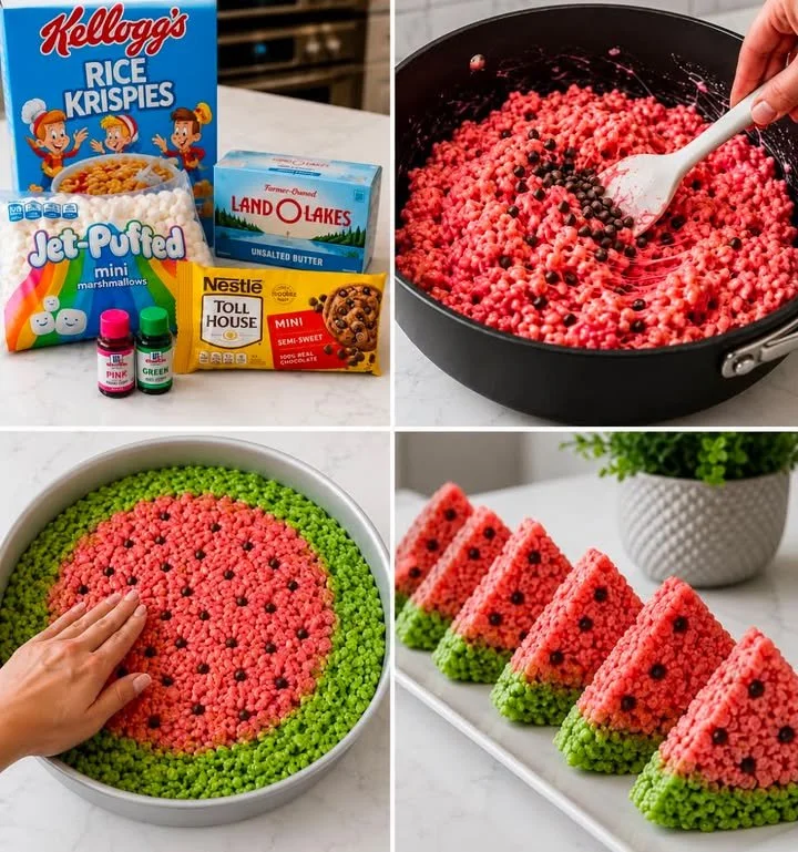 Colorful Watermelon Rice Krispie Treats on a white plate