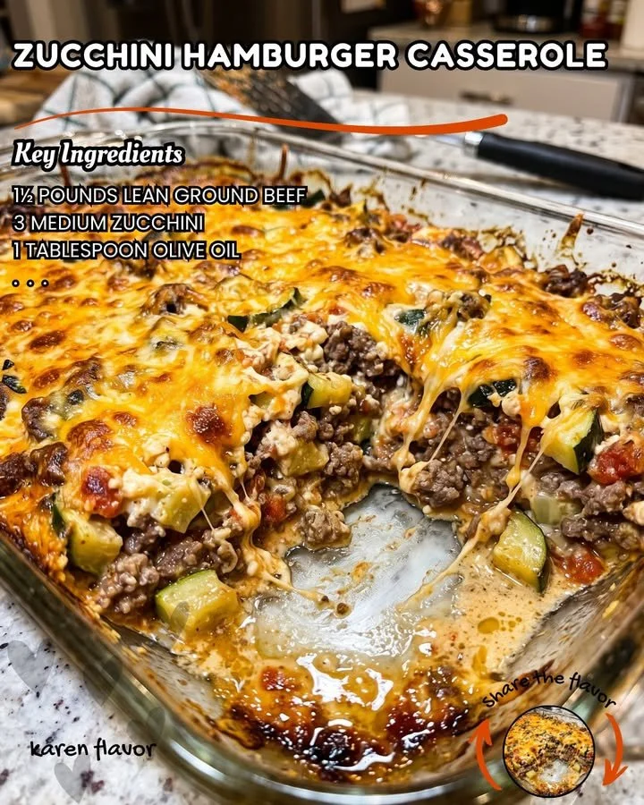 Delicious Zucchini Hamburger Casserole topped with melted cheese and fresh herbs