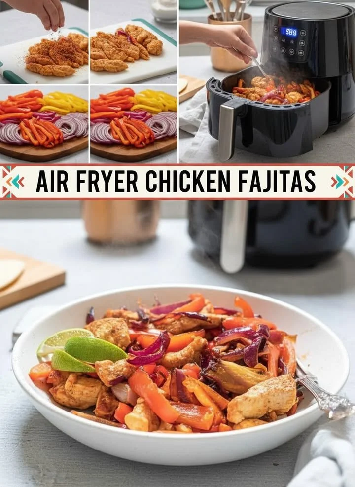 Delicious air fryer fajitas served on a plate with colorful peppers and onions.