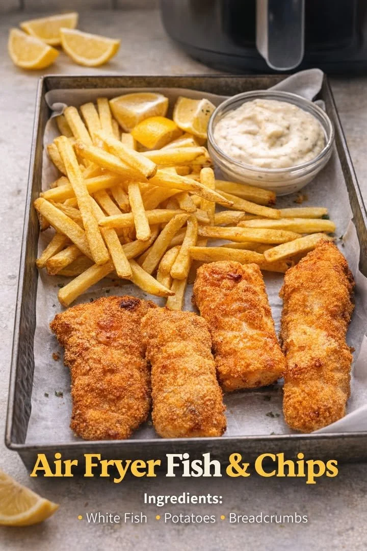 Crispy fish fillets served with hot fries and creamy dipping sauce in an air fryer dish