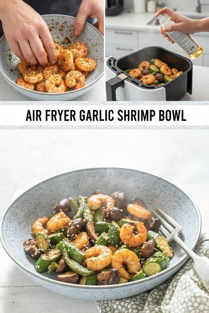 Air fryer roasted shrimp and veggies ready to serve on a plate