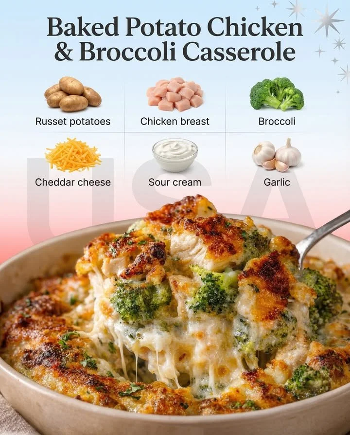 Creamy baked potato chicken and broccoli casserole dish