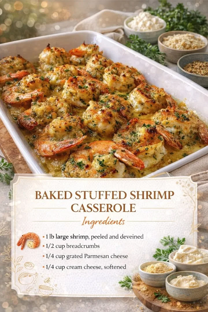 Delicious baked stuffed shrimp casserole served on a plate