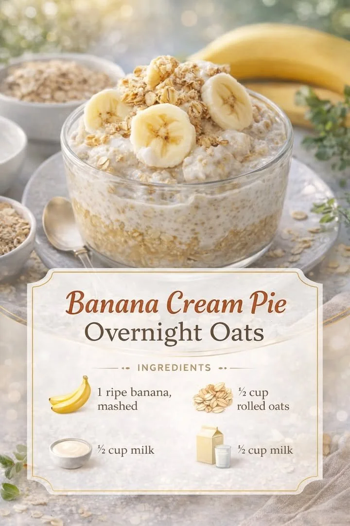 Banana cream pie overnight oats in a glass with banana slices and granola