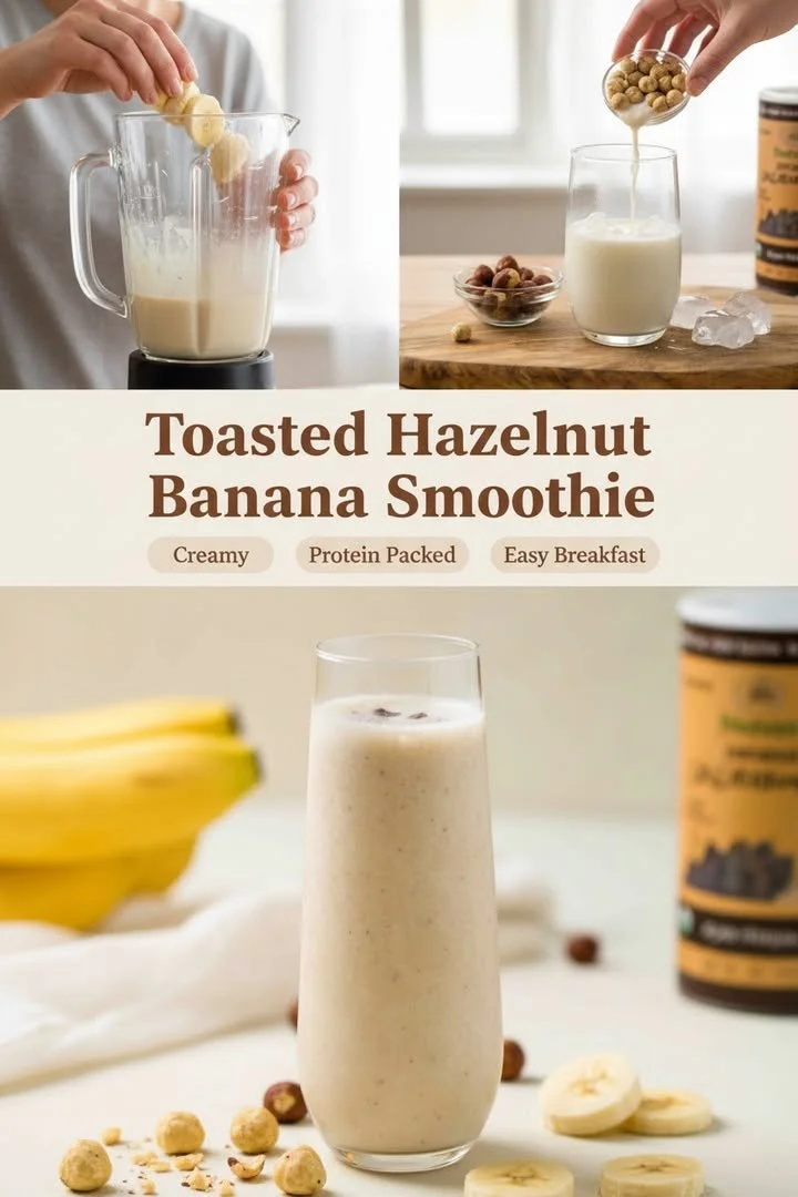 Delicious Banana Hazelnut Smoothie in a glass topped with nuts and banana slices