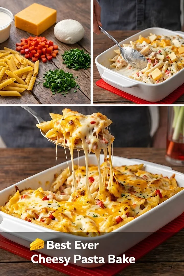 Delicious cheesy pasta bake topped with melted cheese and herbs.