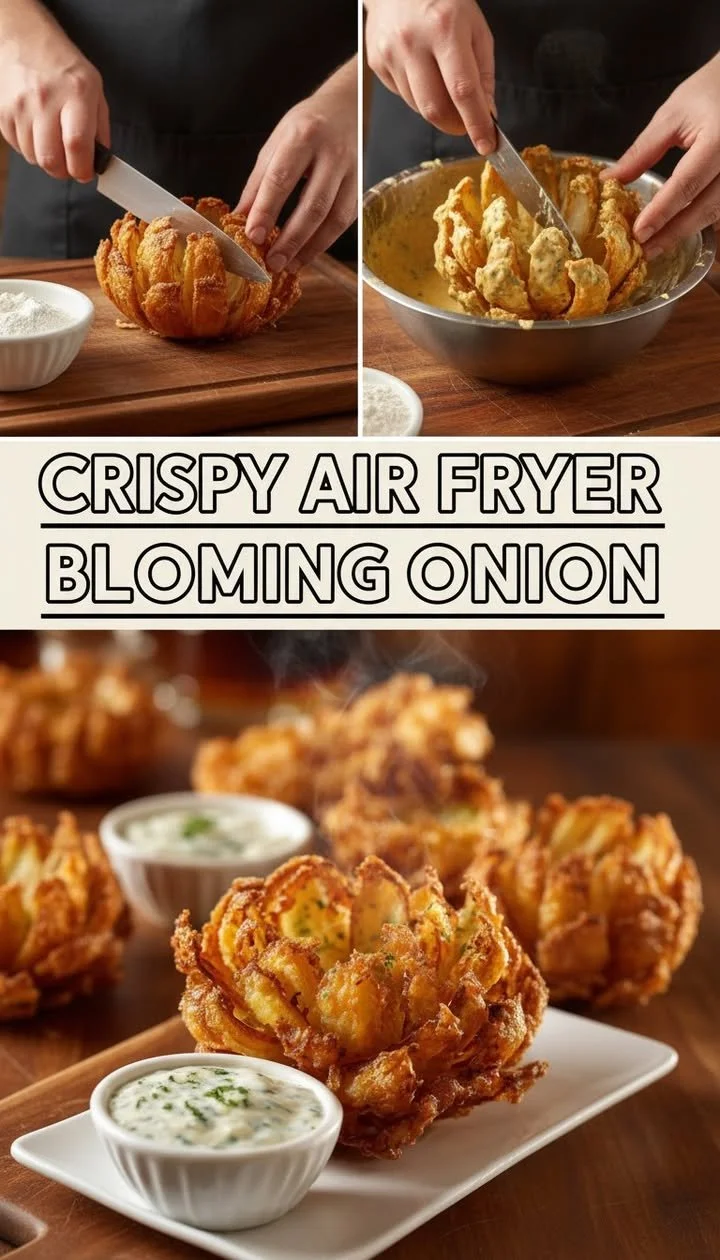 Crispy and golden Blooming Onion served with dipping sauce on a plate.