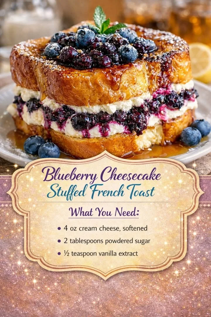 Blueberry cheesecake stuffed French toast topped with fresh blueberries and syrup