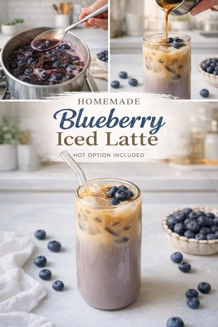Delicious blueberry iced latte with whipped cream and fresh blueberries on top