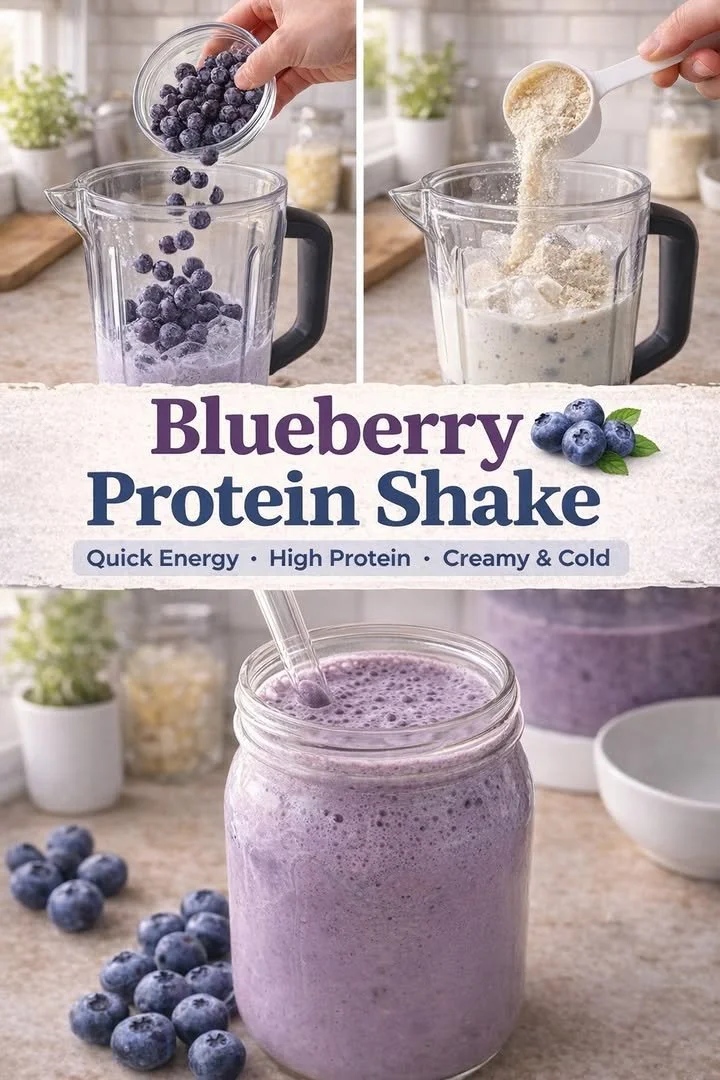 A refreshing blueberry protein shake in a glass with fresh blueberries on top.
