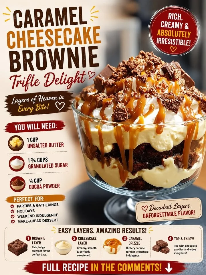 Decadent brownie cheesecake with caramel topping, a delicious dessert treat.