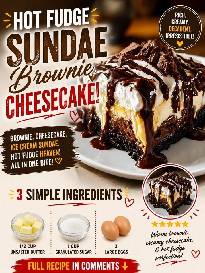 Delicious brownie cheesecake with hot fudge topping served on a plate