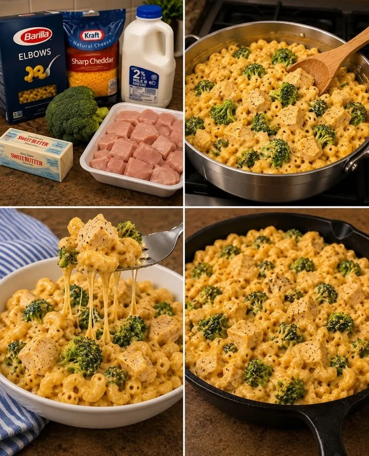 Delicious Cheesy Chicken Broccoli Macaroni served in a bowl with a sprinkle of cheese.