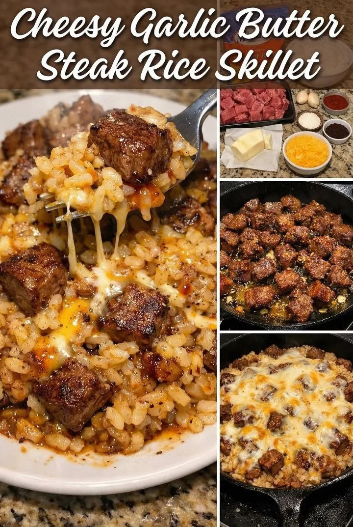 Cheesy Garlic Butter Steak Rice Skillet with juicy steak and creamy rice