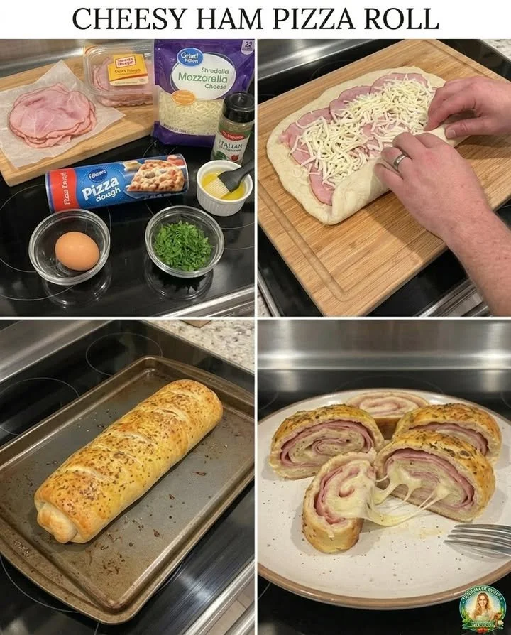 Cheesy ham pizza roll with melted cheese and savory ham, perfect for a tasty snack.