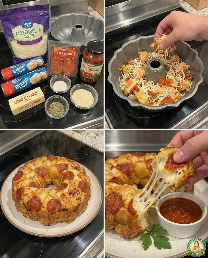 Cheesy pepperoni pull-apart bread served on a rustic wooden board