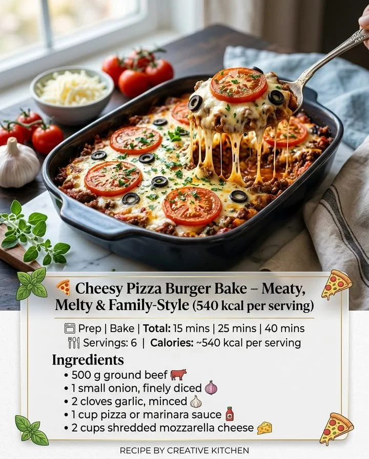 Cheesy pizza burger bake with melted cheese and savory toppings