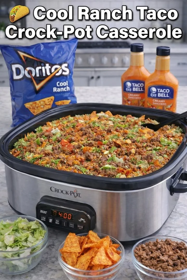 Cheesy taco casserole topped with melted cheese and garnished with fresh herbs