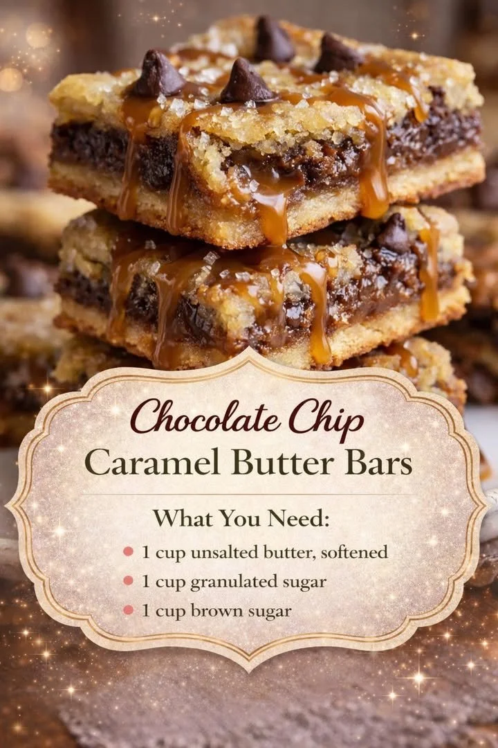 Decadent chocolate chip caramel butter bars on a white plate