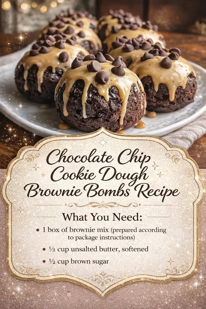Chocolate chip cookie dough brownie bombs topped with chocolate drizzle