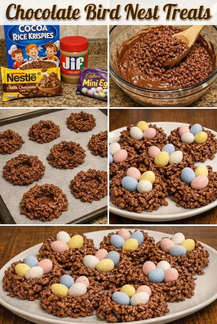 Chocolate Peanut Butter Easter Nests decorated with candy eggs