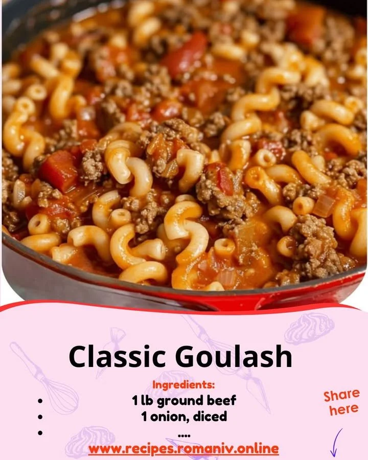 A hearty bowl of classic goulash with pasta and beef in a rich tomato sauce.