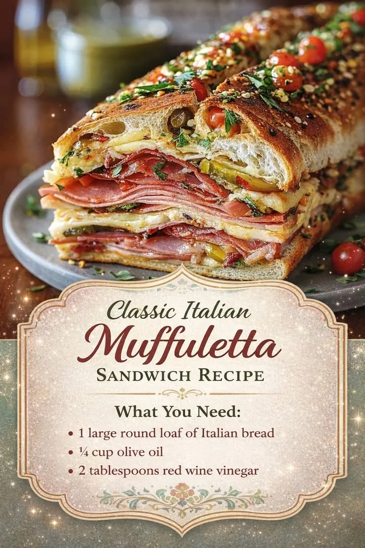 Classic Italian Muffuletta Sandwich with layers of meats and olives