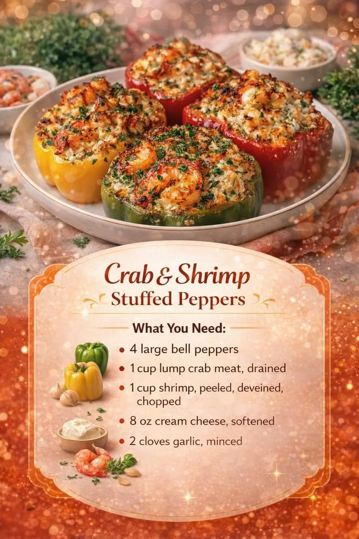 Crab and shrimp stuffed peppers topped with herbs and cheese on a plate.