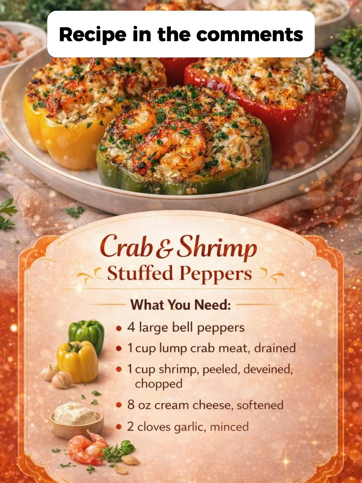 Crab and shrimp stuffed peppers on a plate garnished with herbs