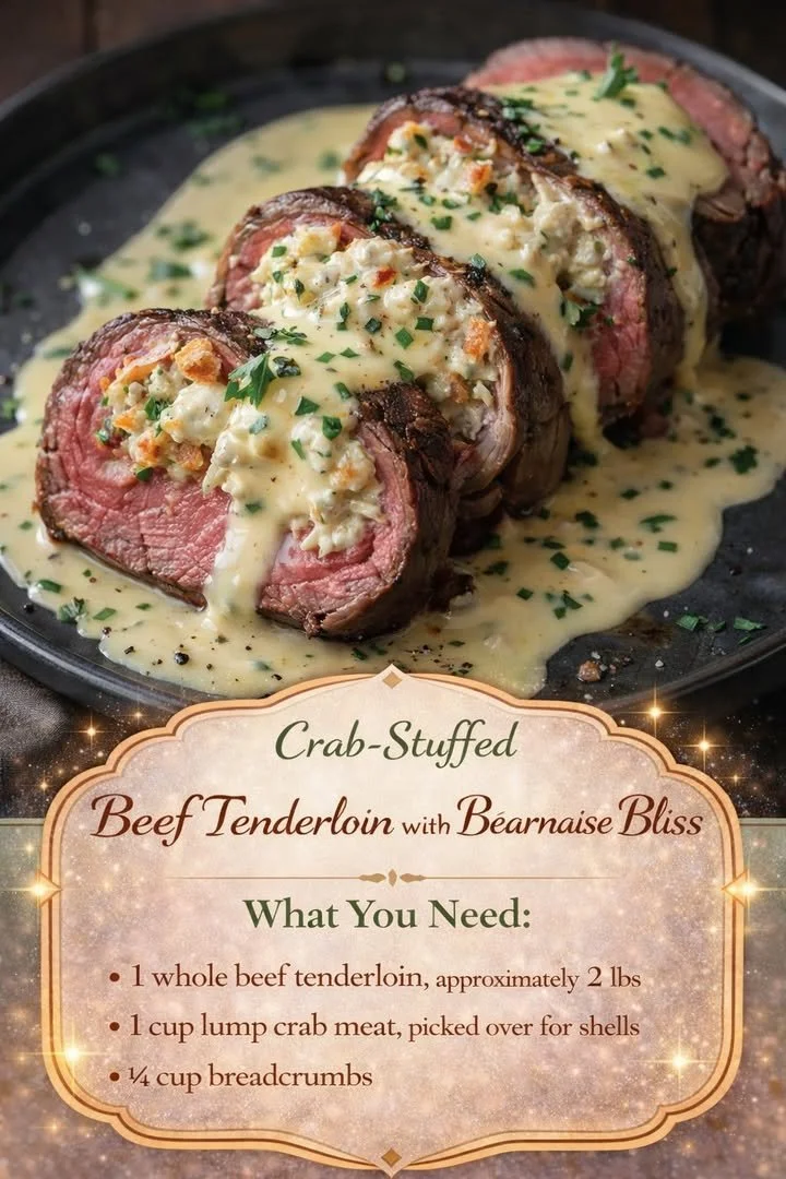 Crab-Stuffed Beef Tenderloin topped with Béarnaise sauce on a plate