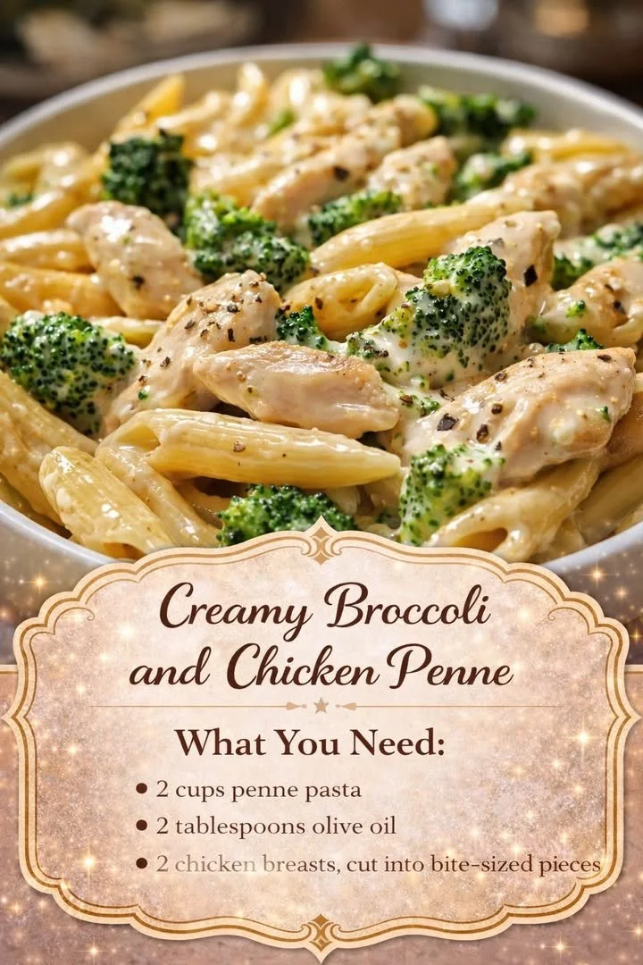 Creamy broccoli chicken penne pasta dish garnished with fresh herbs