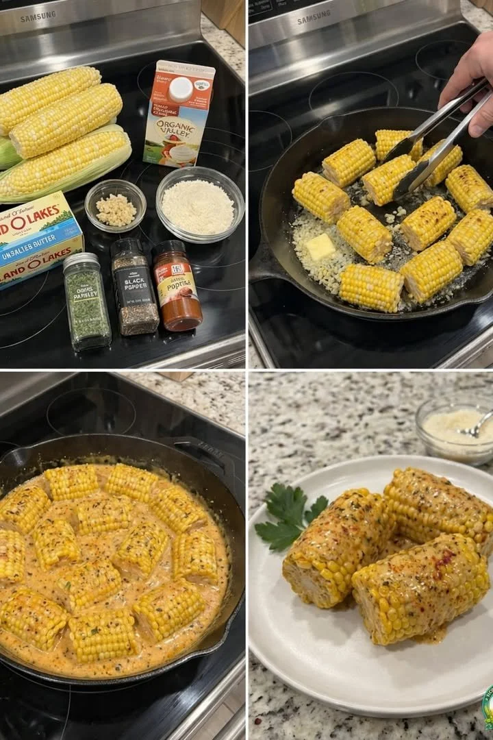 Creamy garlic parmesan corn served in a bowl, topped with fresh herbs.