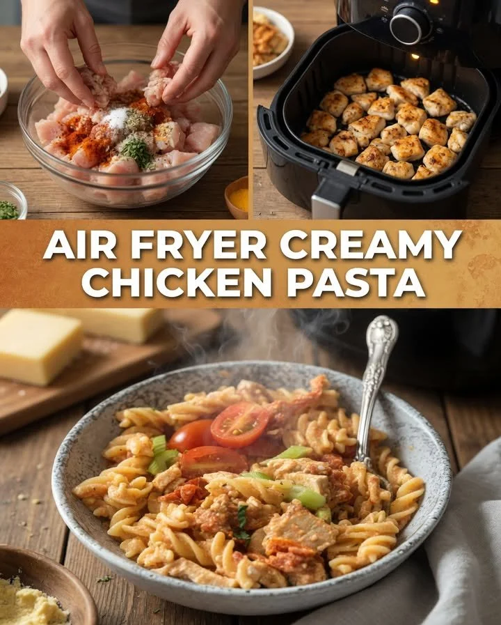 Plate of creamy pasta topped with air fryer chicken for a delicious meal
